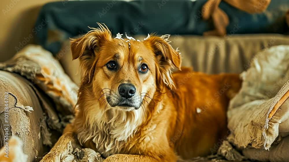 A golden dog with floppy ears and a curious expression rests on a torn and damaged sofa, surrounded by pieces of ripped furniture. The scene suggests a mischievous event that likely caused the mess.