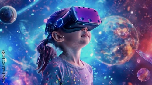 A child wearing a VR headset, immersed in a colorful, cosmic virtual environment.