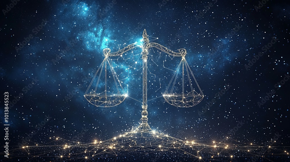 Intricate scales of justice glowing amid a digital grid and starry cosmos, capturing the balance between technology and celestial harmony.