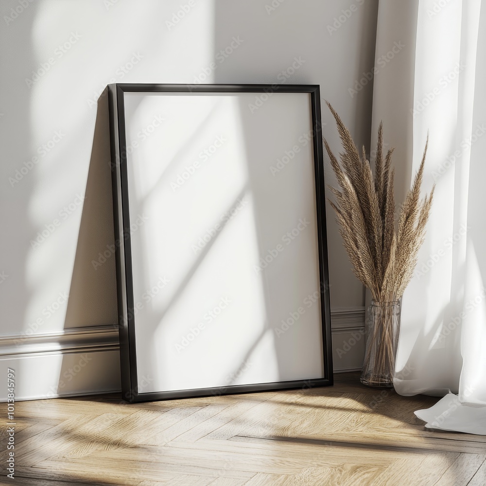A modern scene featuring a black-framed artwork leaning stylishly against a wall, with sunlight creating artistic shadows on the wooden floor. A modern scene featuring a black-framed artwork leaning stylishly against a wall, with sunlight creating artistic shadows on the wooden floor.