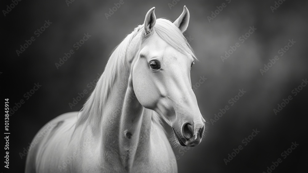 Obraz premium Portrait of a majestic white horse in monochrome, side view. Elegance and grace concept
