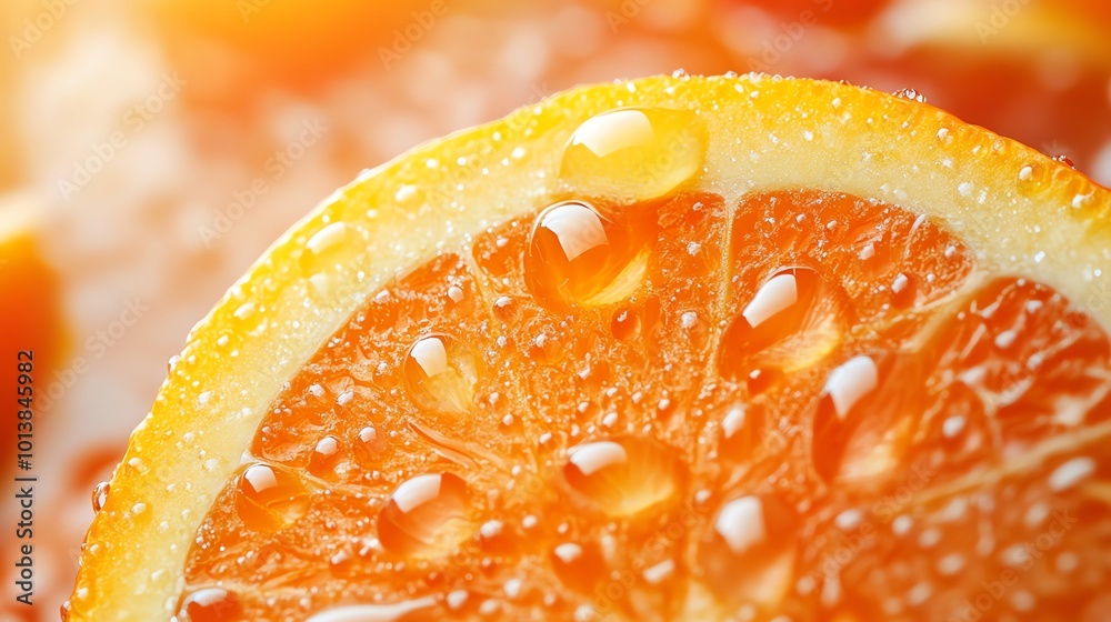 Close-up macro of a fresh, juicy orange slice with glistening water droplets