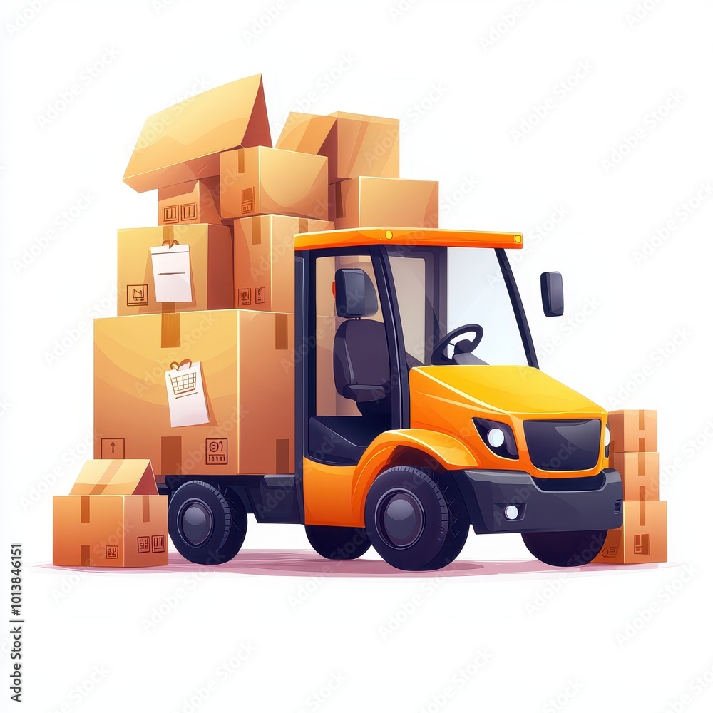 Delivery truck loaded with boxes on a white isolated background.