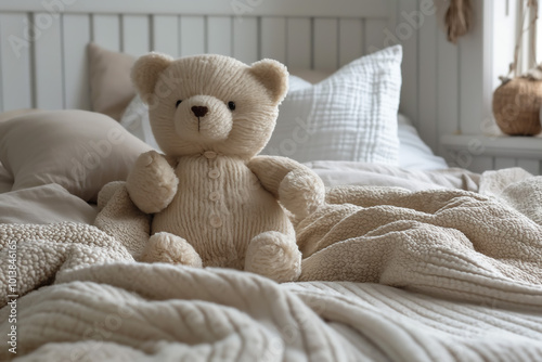 Cozy Scandinavian bedroom featuring a plush teddy bear on a soft bedspread