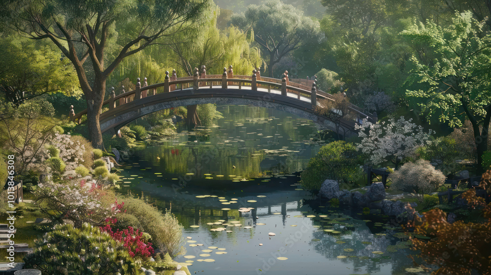 Scenic bridge spanning across a river, landscaped with surrounding trees and plants, a mix of functionality and beauty Scenic bridge spanning across a river, landscaped with surrounding trees and plants, a mix of functionality and beauty