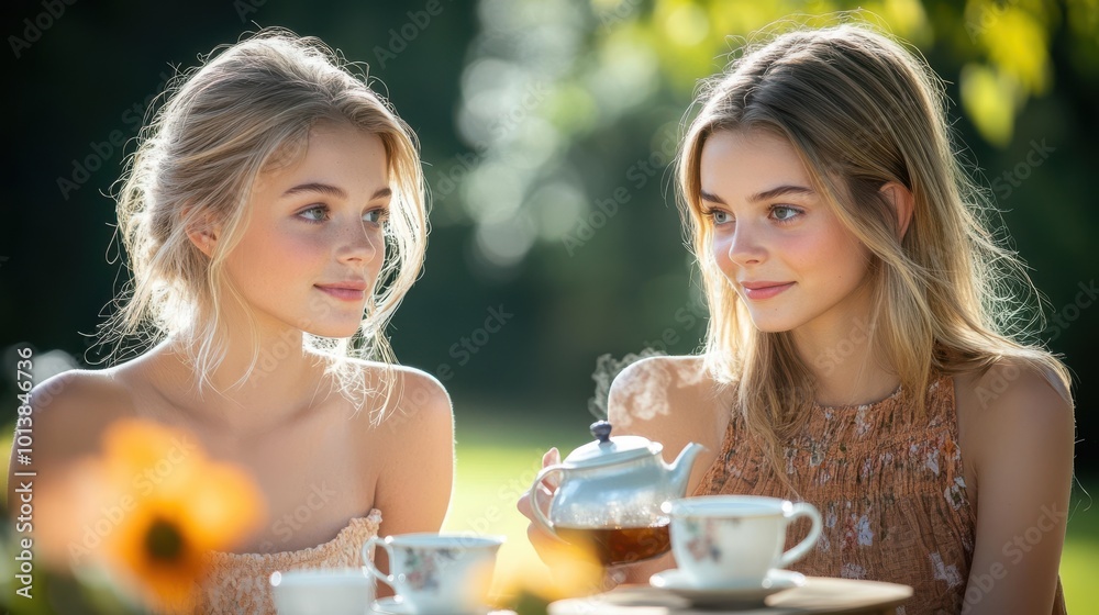 Two Beautiful Blonde Women Enjoying Tea Outdoors Two Beautiful Blonde Women Enjoying Tea Outdoors