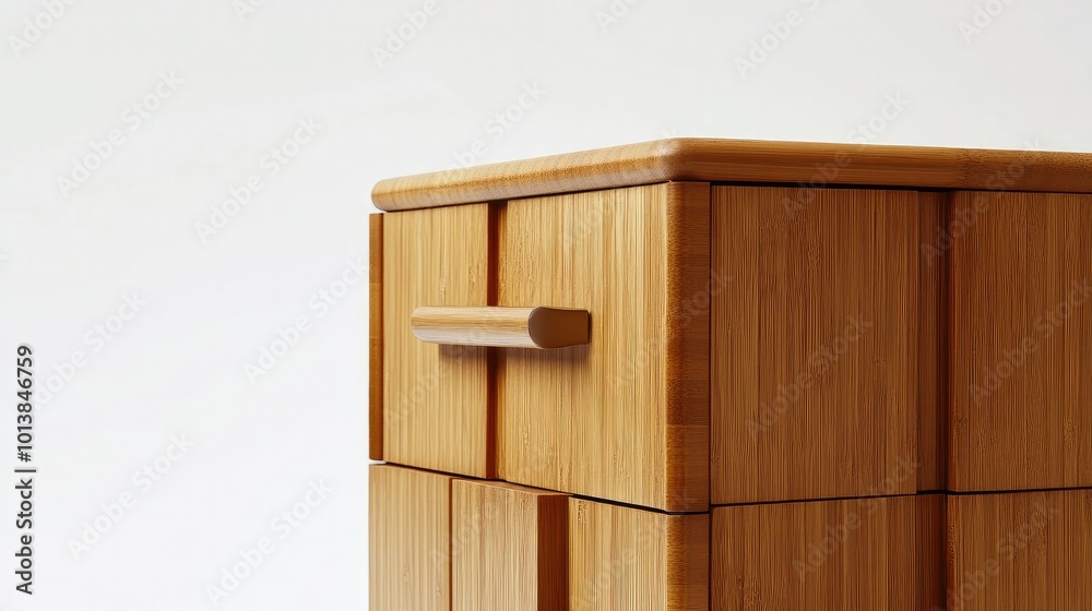 A contemporary modular container cabinet with a warm wooden appearance and sleek metal handles, photographed on a bright white background for decor suggestions. A contemporary modular container cabinet with a warm wooden appearance and sleek metal handles, photographed on a bright white background for decor suggestions.