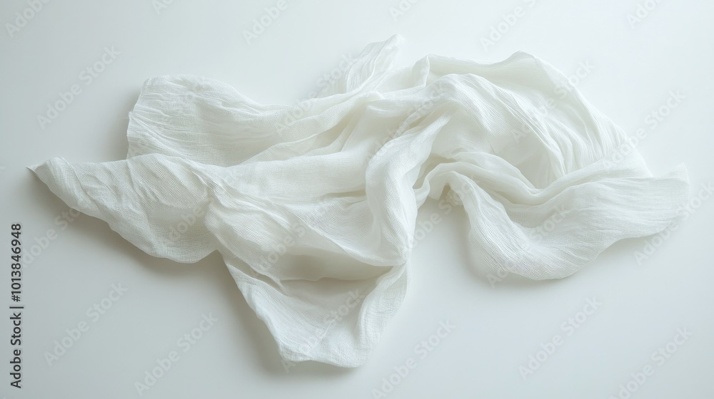 A crumpled white napkin lying flat on a white background, capturing the texture and casual feel of a used table setting. A crumpled white napkin lying flat on a white background, capturing the texture and casual feel of a used table setting.