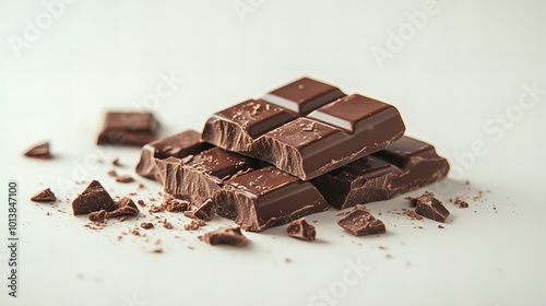 Delicious broken chocolate bar pieces with smooth texture isolated on white background new beautiful stock image illustration AI