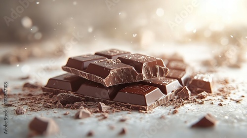 Delicious broken chocolate bar pieces with smooth texture isolated on white background new beautiful stock image illustration AI