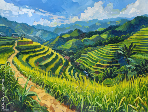 Traditional rural landscape featuring terraced rice fields cascading down hillsides, vibrant green under a blue sky photo