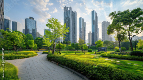 Urban landscape in a fast-growing city, combining green spaces with modern infrastructure for sustainable growth