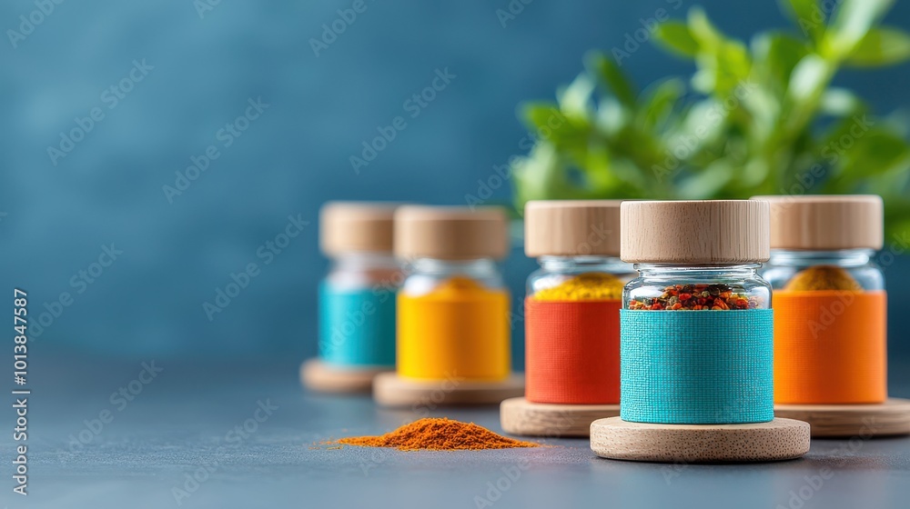 Colorful Spices in Glass Jars with Wooden Lids
