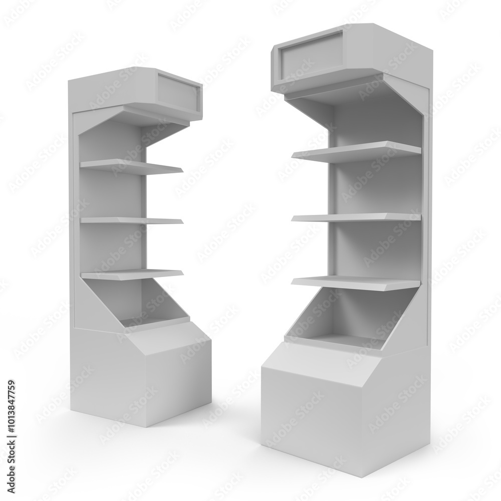 Supermarket Promotional Display Rack, Empty Product Display, Four Tier PDQ Display Box With Two Different View, Floor Stand Display. 3D Rendered. Supermarket Promotional Display Rack, Empty Product Display, Four Tier PDQ Display Box With Two Different View, Floor Stand Display. 3D Rendered.