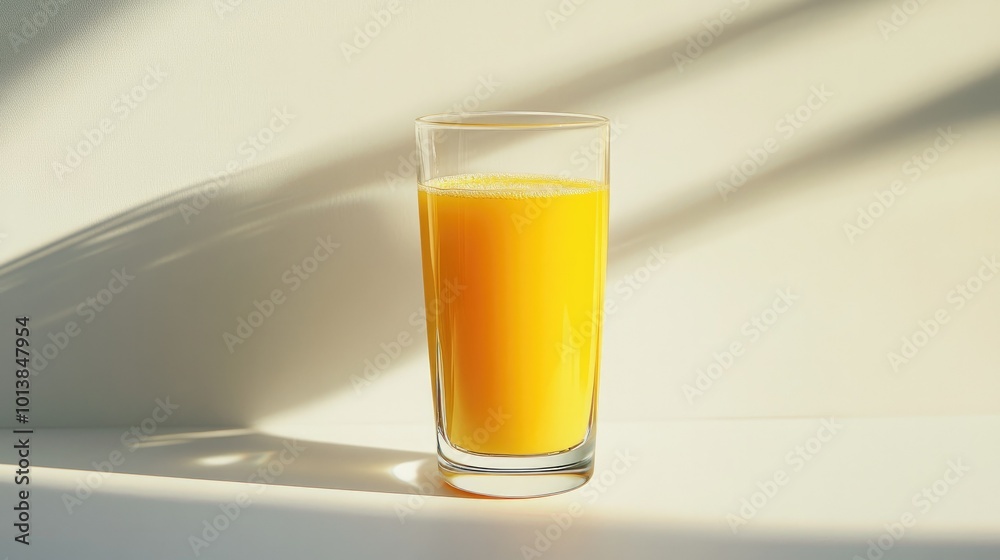 A glass of fresh orange juice placed on a white background, vibrant color contrasting against the neutral backdrop. A glass of fresh orange juice placed on a white background, vibrant color contrasting against the neutral backdrop.