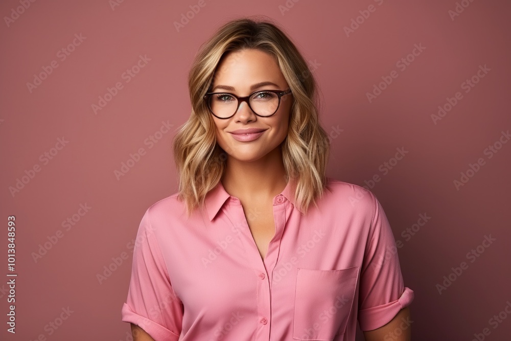 Portrait of a beautiful young business woman in pink shirt and glasses Portrait of a beautiful young business woman in pink shirt and glasses