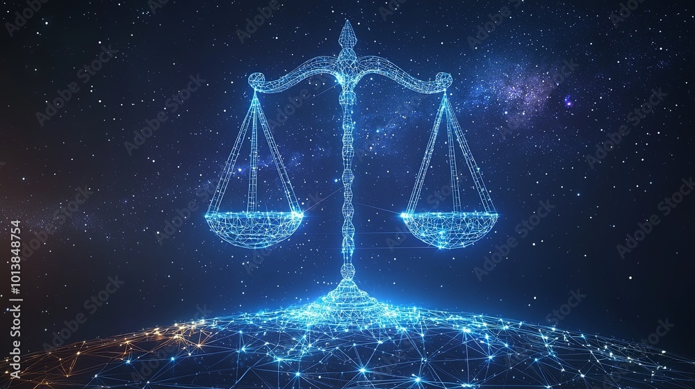 A glowing set of digital balance scales floats amidst a cosmic background, representing themes of justice and technology interlinked with celestial beauty. A glowing set of digital balance scales floats amidst a cosmic background, representing themes of justice and technology interlinked with celestial beauty.