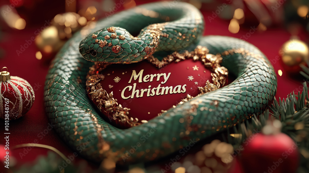 green snake curved in the shape of a heart, the inscription green snake curved in the shape of a heart, the inscription