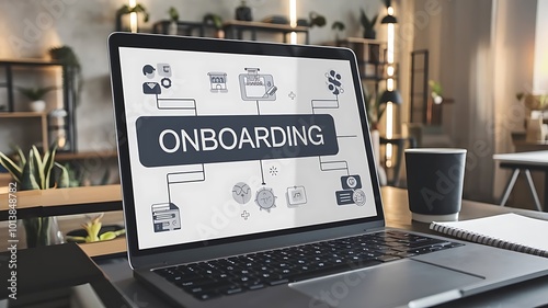 Laptop displaying an onboarding process diagram in a modern office setting