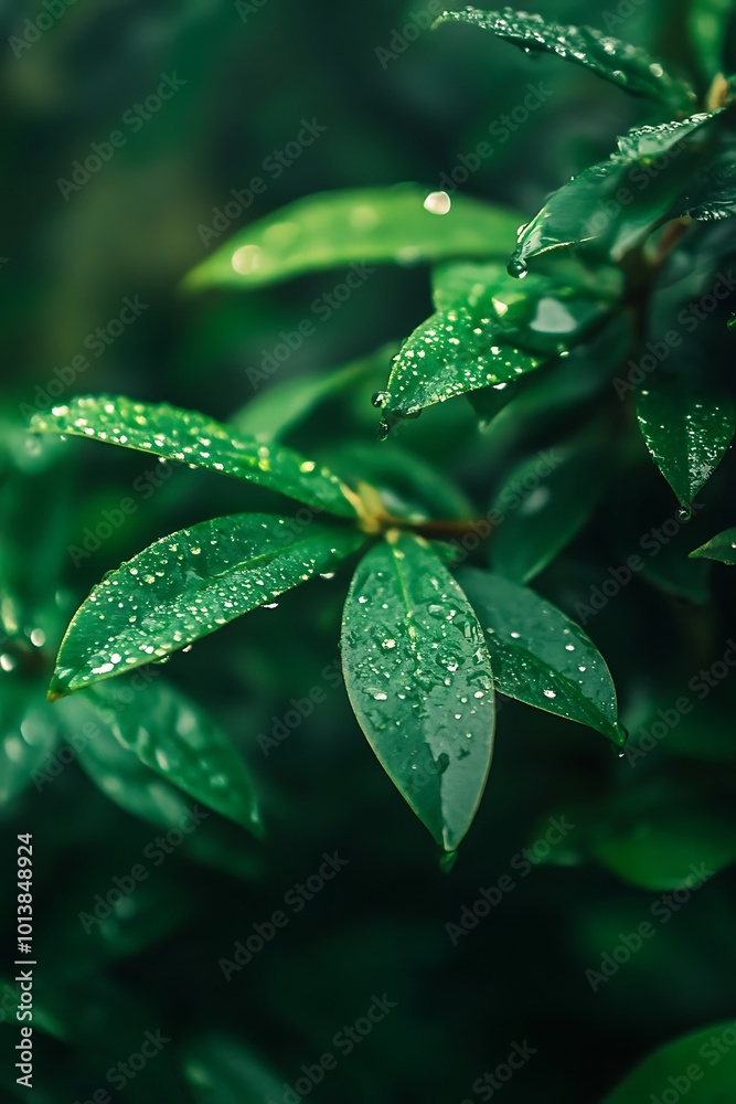 Closeup of green leaves with dew drops after rain, fresh nature background Closeup of green leaves with dew drops after rain, fresh nature background