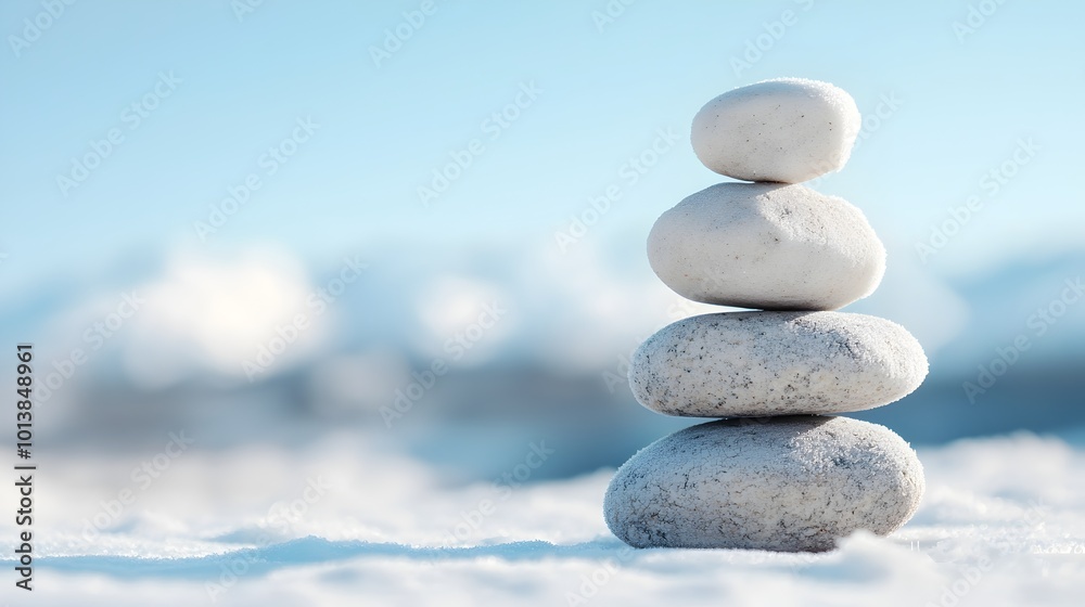 35 smooth stones arranged in a frost-covered winter landscape surrounded by serene snow-capped mountains creating a peaceful and tranquil retreat 35 smooth stones arranged in a frost-covered winter landscape surrounded by serene snow-capped mountains creating a peaceful and tranquil retreat