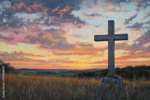 Cross at Sunset with Silhouette Against Dramatic Sky, Christian Faith Symbol in Peaceful Evening Scene, Glowing Horizon