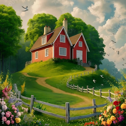 Create a whimsical countryside scene featuring a small, bright red house with white windows 