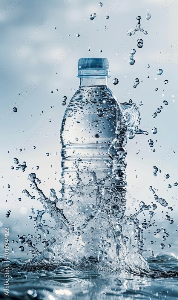 The tilted mineral water bottle is partially submerged in water, surrounded by splash and bubbles to create a dynamic effect, and the background is a light gradient. The tilted mineral water bottle is partially submerged in water, surrounded by splash and bubbles to create a dynamic effect, and the background is a light gradient.