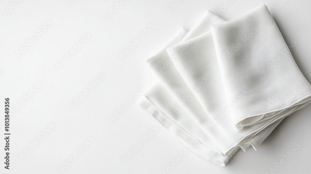 A neatly folded white napkin placed on a smooth white background, perfect for table setting or dining decor concepts. A neatly folded white napkin placed on a smooth white background, perfect for table setting or dining decor concepts.