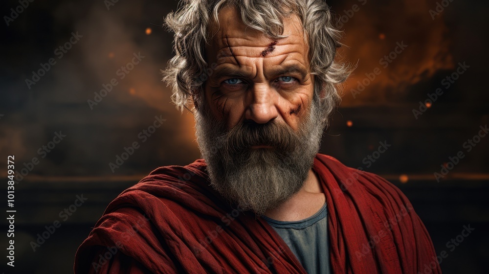 A rugged, intense bearded man in ancient attire stands with a determined expression and scars on his face, set against a dramatic, smoky background perfect for historical reenactments A rugged, intense bearded man in ancient attire stands with a determined expression and scars on his face, set against a dramatic, smoky background perfect for historical reenactments