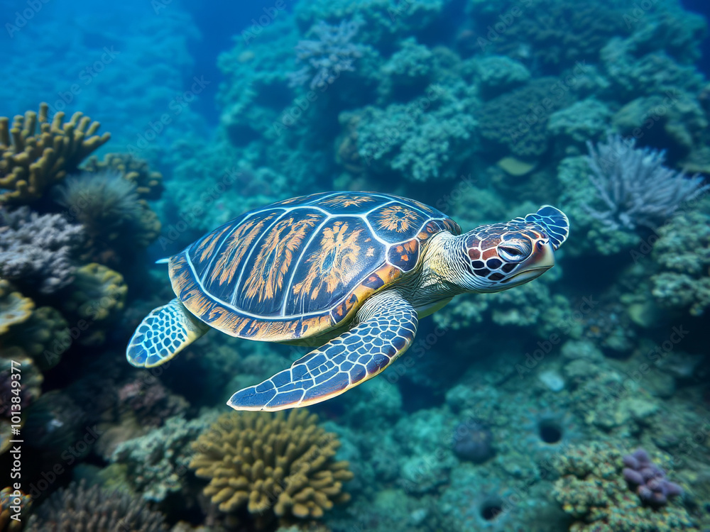 A bright sea turtle gracefully swims in a coral reef A bright sea turtle gracefully swims in a coral reef