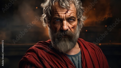 A rugged, intense bearded man in ancient attire stands with a determined expression and scars on his face, set against a dramatic, smoky background perfect for historical reenactments