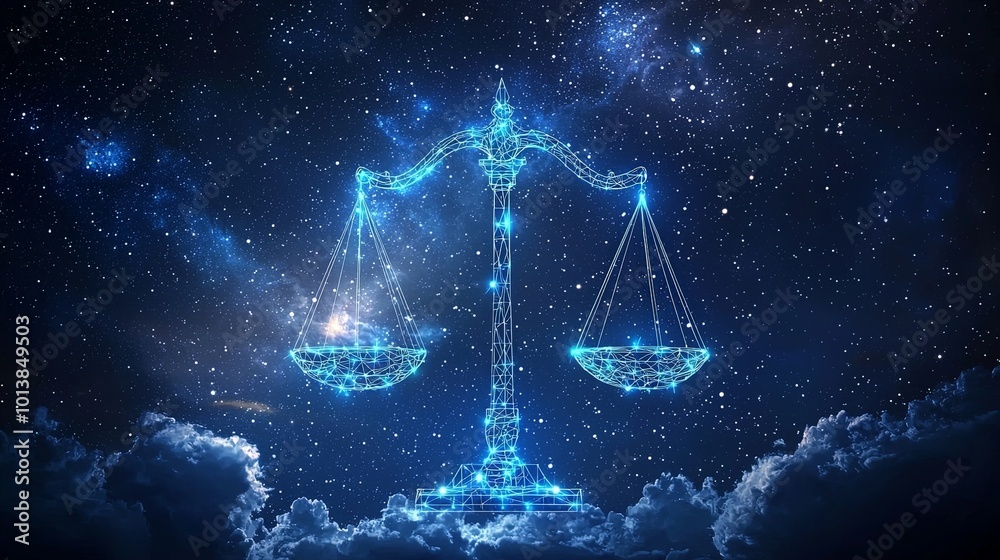 A celestial scene shows glowing scales of justice suspended in a starry cosmos, symbolizing universal balance and cosmic law with a mystical ambiance.