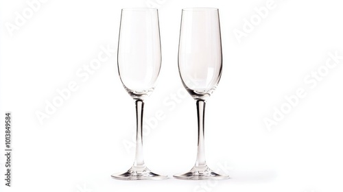 A pair of champagne flutes on a white background, their slim and elegant design perfect for celebration-themed stock photos.