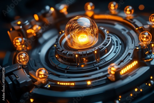 High-tech warp drive machine, with futuristic energy spheres floating around a glowing reactor, ready to bend space-time