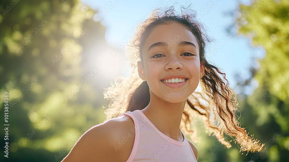 Happy mixed race teenager jogging in the park in sunshine on sunny blue sky day. Candid girl running for improved mental health and fitness. Summer exercise outdoors, AI generated