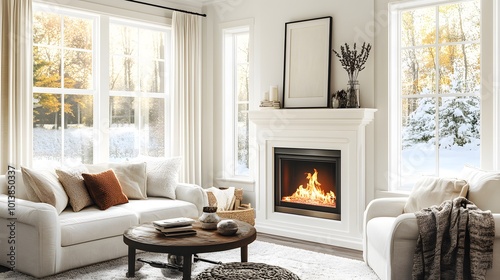 Home living room with a relaxing zone, fireplace, and window