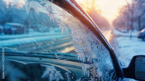 The windscreen of a car covered in frost and ice on a winter morning, close up photo