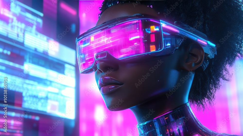 A sleek cyber woman with augmented reality glasses interacts with holographic displays, surrounded by vibrant digital elements in a futuristic setting. A sleek cyber woman with augmented reality glasses interacts with holographic displays, surrounded by vibrant digital elements in a futuristic setting.