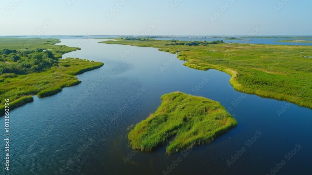 An aerial view of a winding river with a small, green island in the middle. The river flows through a lush green landscape. An aerial view of a winding river with a small, green island in the middle. The river flows through a lush green landscape.