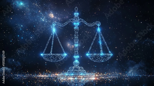 The image showcases a striking set of digital scales of justice, intricately designed amid a backdrop of twinkling stars, symbolizing truth and cyber justice.