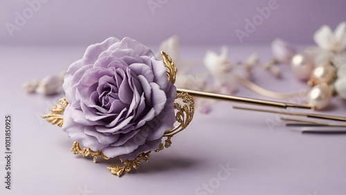 A Delicate Lavender Rose Hairpin Surrounded by Elegant Floral Accents on a Soft Purple Background