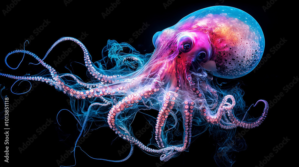 Fototapeta premium Vibrant Octopus with Glowing Tentacles in Dark Water