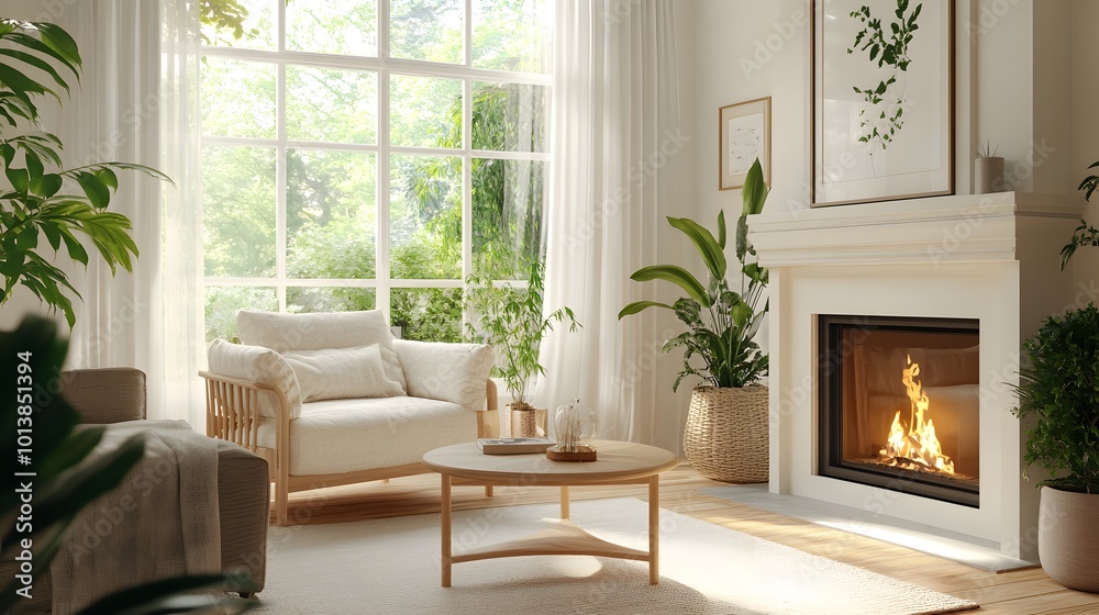 Fototapeta premium Home living room with a relaxing zone, fireplace, and window