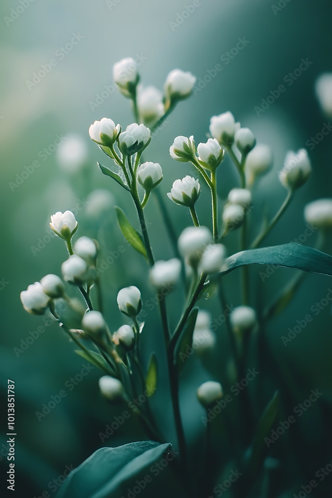 Closeup of white flower buds on green stem with blurred background Closeup of white flower buds on green stem with blurred background