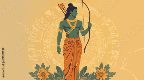 Lord Ram Vector Illustration Hindu God Ramayana Epic India Religion Spiritual Deity Bow Arrow Floral Ornament Background Design Element Poster Wallpaper Banner Greeting Card Invitation