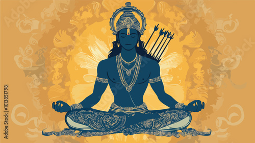 Lord Rama Vector Illustration Indian Hindu God Diwali Greeting Card Spirituality Religion Ornament Background Pattern Detailed Silhouette Yoga Meditation Peace Harmony Traditional Art