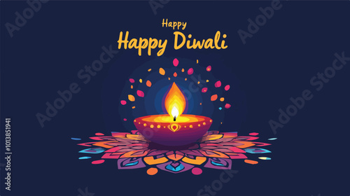 Happy Diwali Colorful Diya Illustration Festive Greeting Card Banner Design Decoration India Culture Tradition Hinduism Celebration Light Prosperity Rangoli Template Background