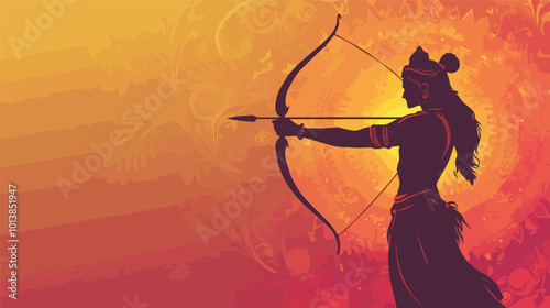 Lord Rama Vector Illustration Hindu God Diwali Festival India Epic Ramayana Orange Background Silhouette Archer Bow Arrow Spirituality Religion Culture Tradition Festive Celebration Hinduism