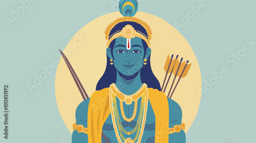 Lord Ram Vector Illustration Indian Hindu God Diwali Ramayana Epic Bow Arrow Spirituality Religion Portrait Blue Skin Deity Divine Masculine Character